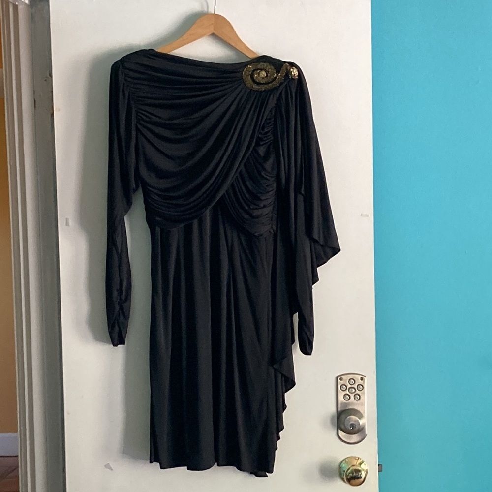 Tadashi Shoji Black Draped Midi Dress with Gold Embellishment